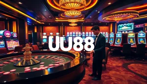 UU88 casino experience with roulette and slot machines in a luxurious setting.