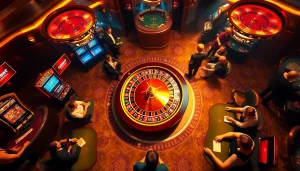 F8bet casino scene showcasing roulette wheel and excited players