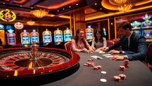 Exciting scene featuring enthusiastic players at an S8 casino table, celebrating their big wins.