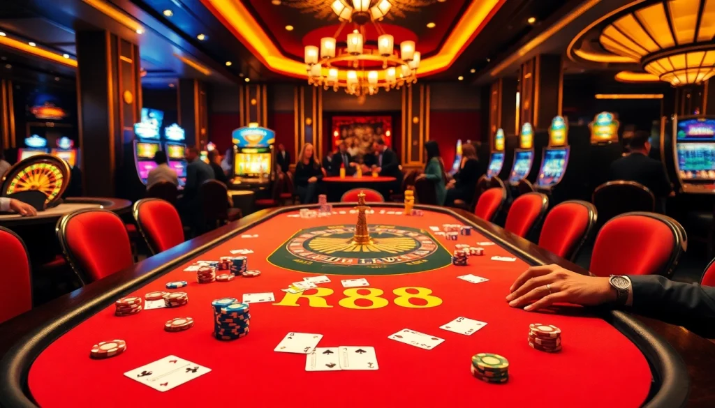Players enjoying an exciting moment at RR88-themed casino table with cards, chips, and roulette.