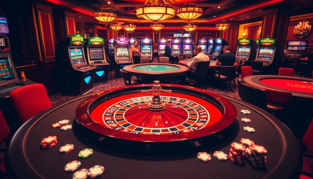 Dynamic casino gameplay at https://ax88.com.de/, featuring roulette table, slot machines, and poker action.