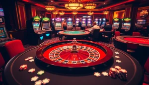 Dynamic casino gameplay at https://ax88.com.de/, featuring roulette table, slot machines, and poker action.
