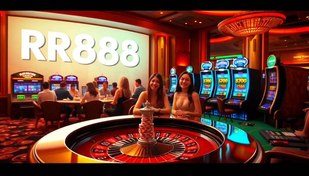 Experience the thrill of RR88 in a luxurious casino scene with poker, roulette, and vibrant slot machines.