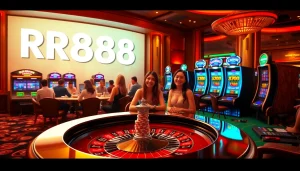 Experience the thrill of RR88 in a luxurious casino scene with poker, roulette, and vibrant slot machines.