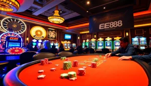 EE88 poker players enjoying an exciting game highlighted by vibrant chips and elegant casino decor.