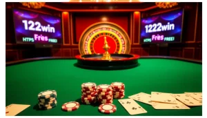 Action-packed gambling scene at https://123win.free/ featuring poker and roulette elements in a luxurious casino setting.