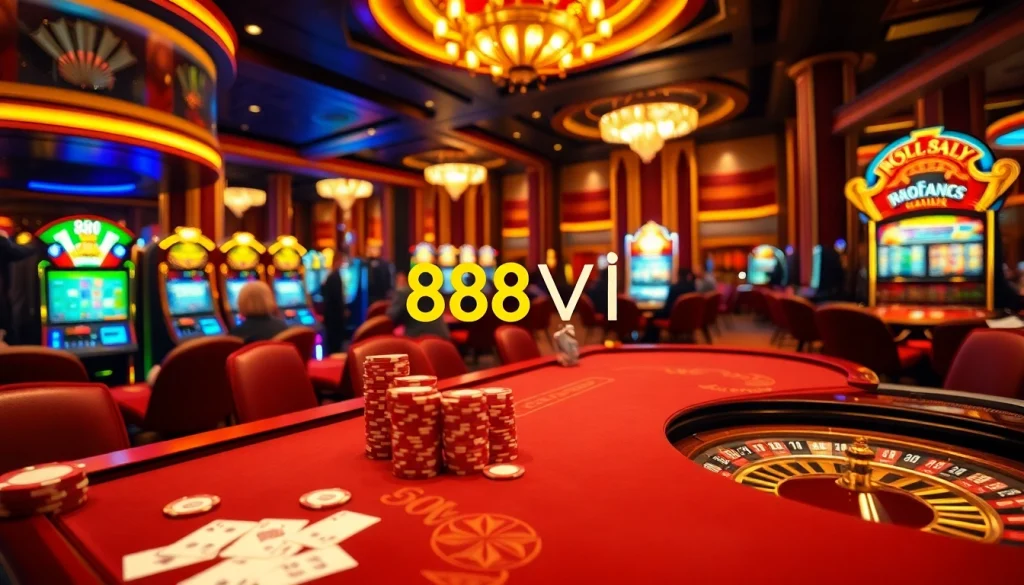Experience the thrill of 888VI at a luxurious casino table with poker chips and cards.