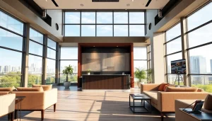 Real Estate office interior showcasing modern design and welcoming atmosphere.
