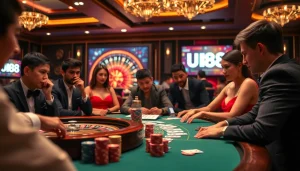 Players enjoying high-stakes poker and roulette at UU88 casino under luxurious ambiance.