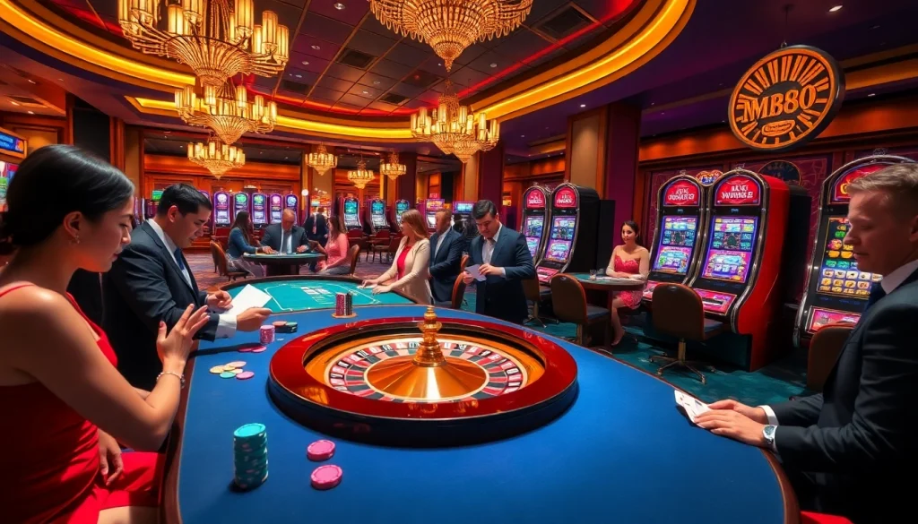 Players enjoying thrilling games at MM88 casino with roulette and poker tables