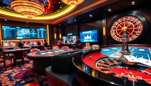 Gamblers celebrating wins at a luxurious casino featuring net88 digital betting interfaces and vibrant tables.