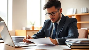 Tradutor juramentado working diligently in a modern office, translating legal documents.