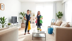Efficient maid agency team maintaining a clean, inviting living room space.
