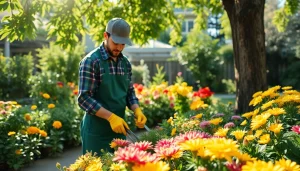 Gardening in vibrant flower beds showcases blooming plants and organized tools.