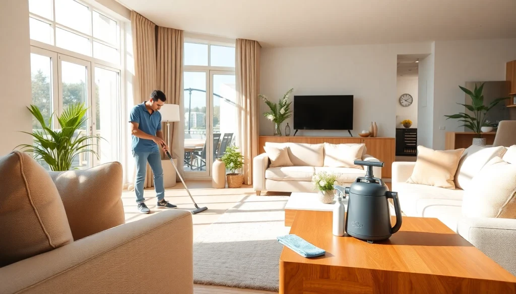 Highlight the efficiency of a cleaning service in a bright, tidy living room.