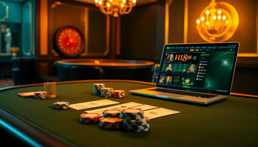 Experience thrilling online gaming with Hi88's luxurious casino setup featuring poker chips and cards.