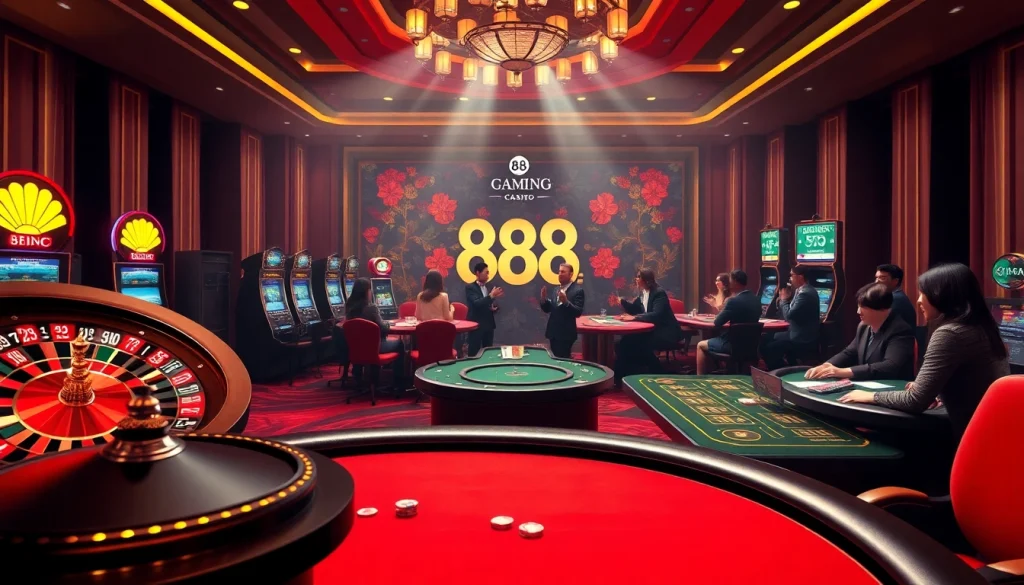 Experience the thrill of nhà cái 888b with vibrant casino elements featuring roulette, slot machines, and poker action.