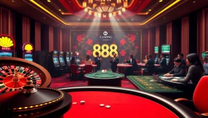 Experience the thrill of nhà cái 888b with vibrant casino elements featuring roulette, slot machines, and poker action.
