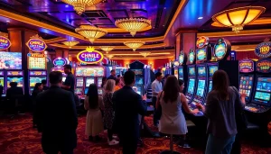 Players excitedly placing a slot bet kecil in a luxurious casino setting.