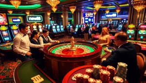 Experience the excitement of new88 at a luxurious casino with players at a roulette table.