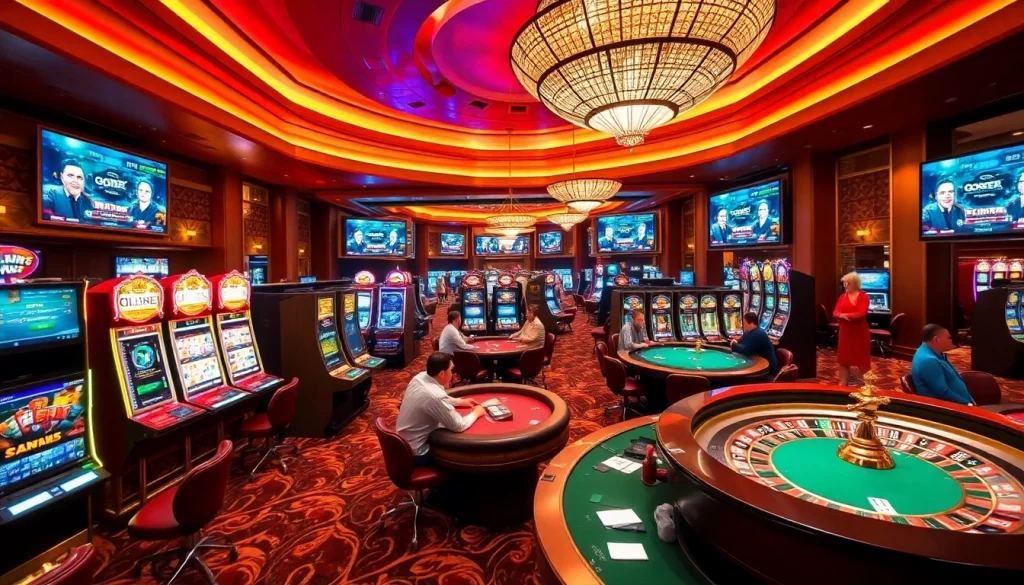 Players enjoying games at God345 casino with vibrant slots and poker tables.