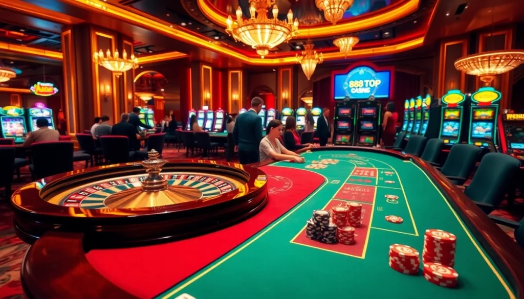 Experience the excitement of gambling at 888TOP with lively casino tables and vibrant slot machines.