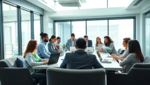 Team members collaborating on a business strategy in a modern office.