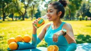 Puraboost drink energizing an active lifestyle in a sunny park setting.