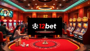 Experience the excitement of online gambling with a vibrant 12bet casino scene featuring poker, roulette, and slot machines.