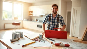Home renovation project showcasing a contractor installing new cabinets and flooring.