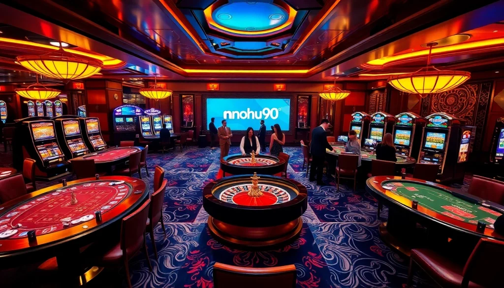 Nohu90 slot machine games shining brightly in a luxurious casino setting.