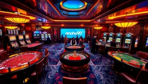 Nohu90 slot machine games shining brightly in a luxurious casino setting.