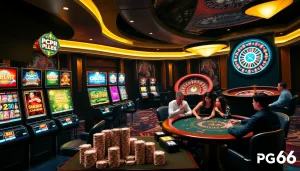 PG66 players enjoying thrilling slot machines and casino games in a luxurious setting.