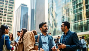 Showcasing Indian entreprenure networking in a vibrant urban business setting.