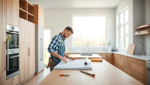 Home renovation process in a modern kitchen showing detailed craftsmanship and design.