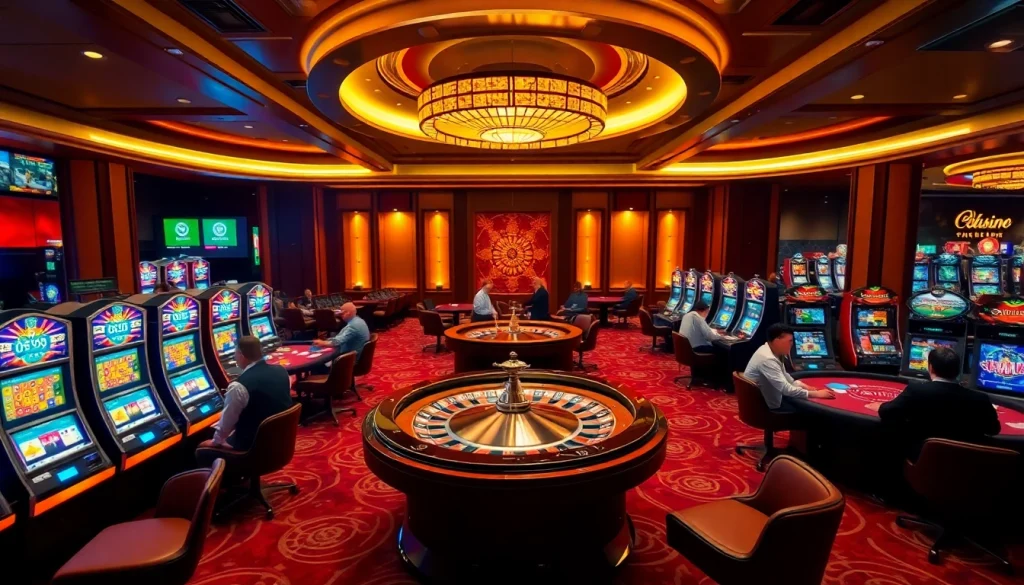 Experience the excitement of gambling at https://sn888app.com.br with a vibrant, luxurious casino scene showcasing roulette, poker, and slot machines.