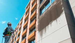 Postopek profesionalnega čiščenja fasade, ki poudarja tehnike z nizkim tlakom za varno odstranjevanje alg in umazanije ter poudarja ekološko prijazne prakse.