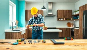 Home renovation showing a contractor working in a modern kitchen with bright natural lighting.