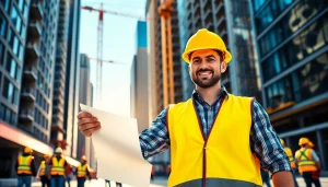 Highlighting careers in construction, a professional worker engages at a vibrant construction site.