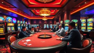 Experience luxury gambling at Nhà Cái Uy Tín's vibrant casino with poker tables and slot machines.