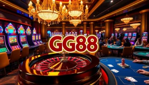 GG88 logo on a luxurious roulette table in a vibrant casino atmosphere