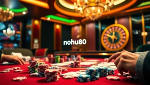 Nohu90 casino scene featuring vibrant poker chips and roulette wheel, capturing the essence of online gambling excitement.