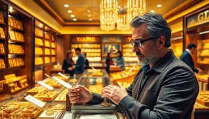 Evaluating gold jewelry at a professional station for Goldankauf in der Nähe.