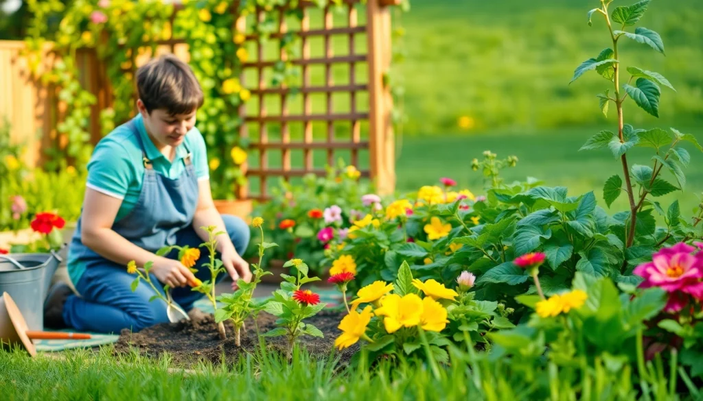 Gardening enthusiast planting vibrant flowers and vegetables in a lush home garden.