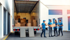 Moving and Storage services showcased with friendly movers and modern storage units.