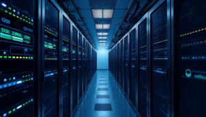 Unmanaged dedicated server setup in a high-tech data center, showcasing advanced infrastructure.