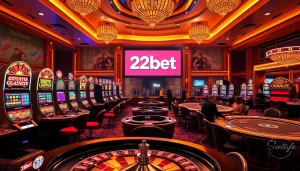 Exciting casino scene showcasing vibrant games at 22bet.style, with roulette wheel and players engaged in action.