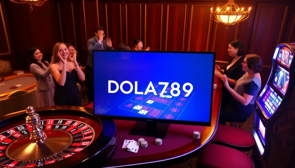 DOLA789 logo displayed on an exciting virtual casino table with eager players and games.