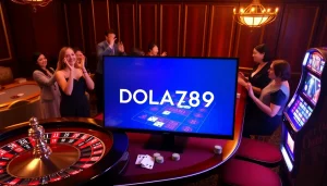 DOLA789 logo displayed on an exciting virtual casino table with eager players and games.