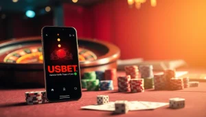 Experience thrilling gambling at USBET with poker chips and a roulette wheel.